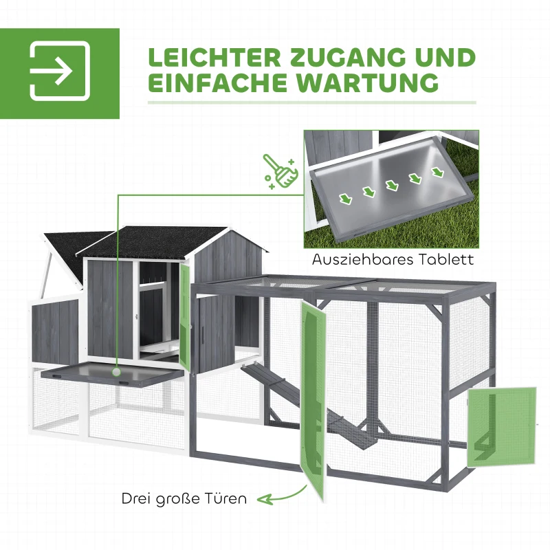 PawHut Hühnerstall mit Auslauf für 3-4 Hühner, 3-tlg. Nistkasten, 1,9 m² Fläche, Tannenholz, Grau(m-5)