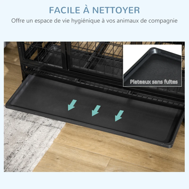 PawHut Cage pour chien animaux cage de transport sur roulettes 2 portes verrouillables plateau amovible 92 x 62 x 75 cm noir