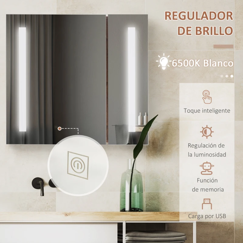 kleankin Armario con Espejo de Baño con Luz LED Mueble de Baño Colgante con Interruptor Táctil 70x15x65cm Marrón Rústico