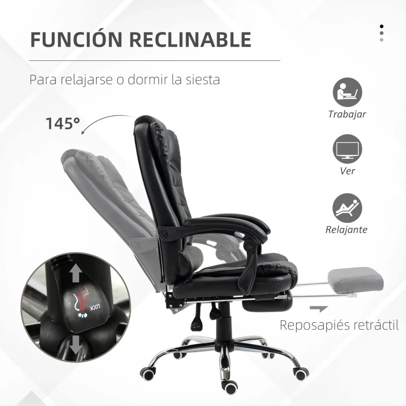 HOMCOM Silla de Escritorio con Reposapiés Silla Ejecutiva Giratoria con Altura Ajustable Tapizada en PU y Reposabrazos Negro