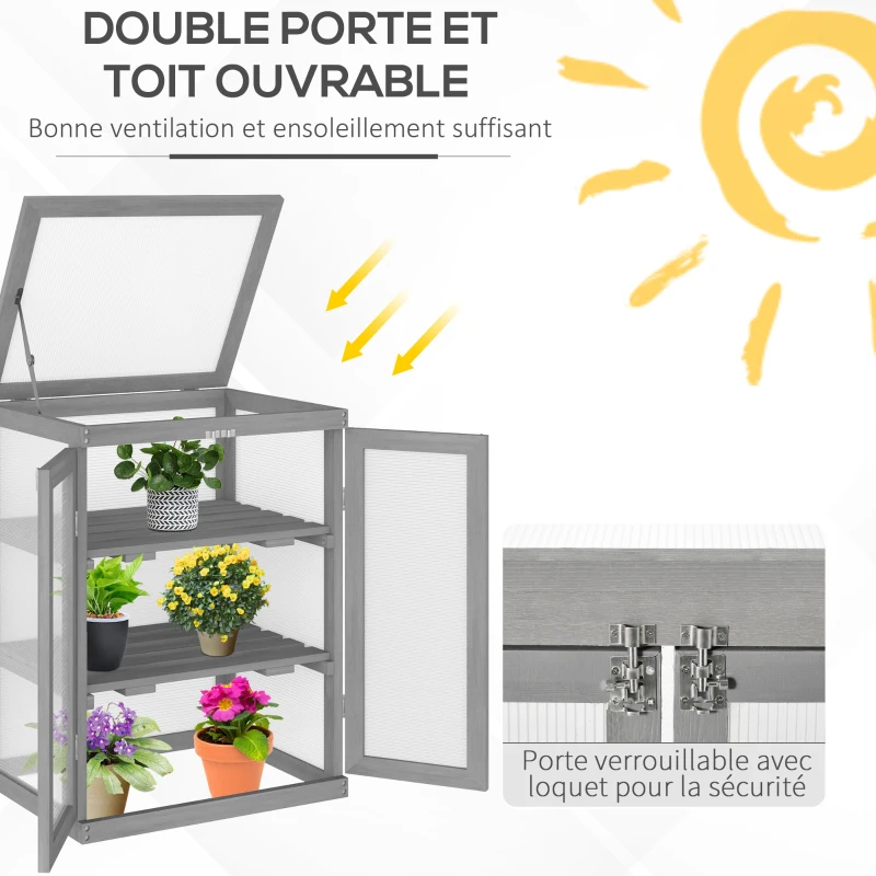 Outsunny Mini Serre de Jardin 3 Niveaux dim. 58L x 44l x 78H cm Vitrages Transparents en Polycarbonate Double Porte Toit ouvrant pour Jardin Balcon et Porche Bois Sapin lasuré