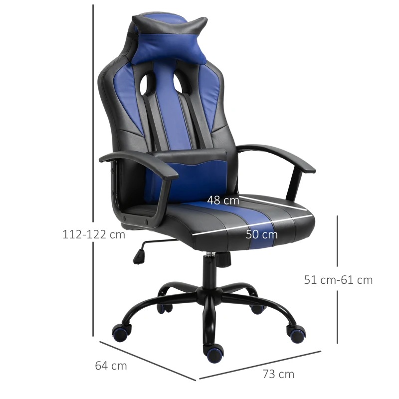 Vinsetto Sedia da Gaming Ergonomica con Cuscino Poggiatesta, Sedia da Ufficio con Lombare Altezza Regolabile e Funzione Dondolo, Nero e Blu, 73 x 64 x 112-122 cm