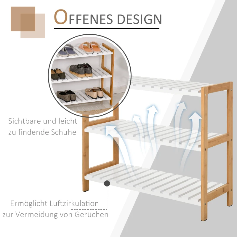 HOMCOM Schuhregal aus Kiefer, Schuhablage, Badregal, Schuhschrank mit 3 Ablagen, Regal für Schuhe, Schuhständer, Weiß, 70 x 26 x 57,5 cm