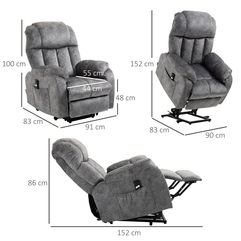 HOMCOM Sillón Levanta Personas Tapizado en Terciopelo con Reclinación 135° Mando a Distancia y 2 Bolsillos 91x83x100 cm Gris