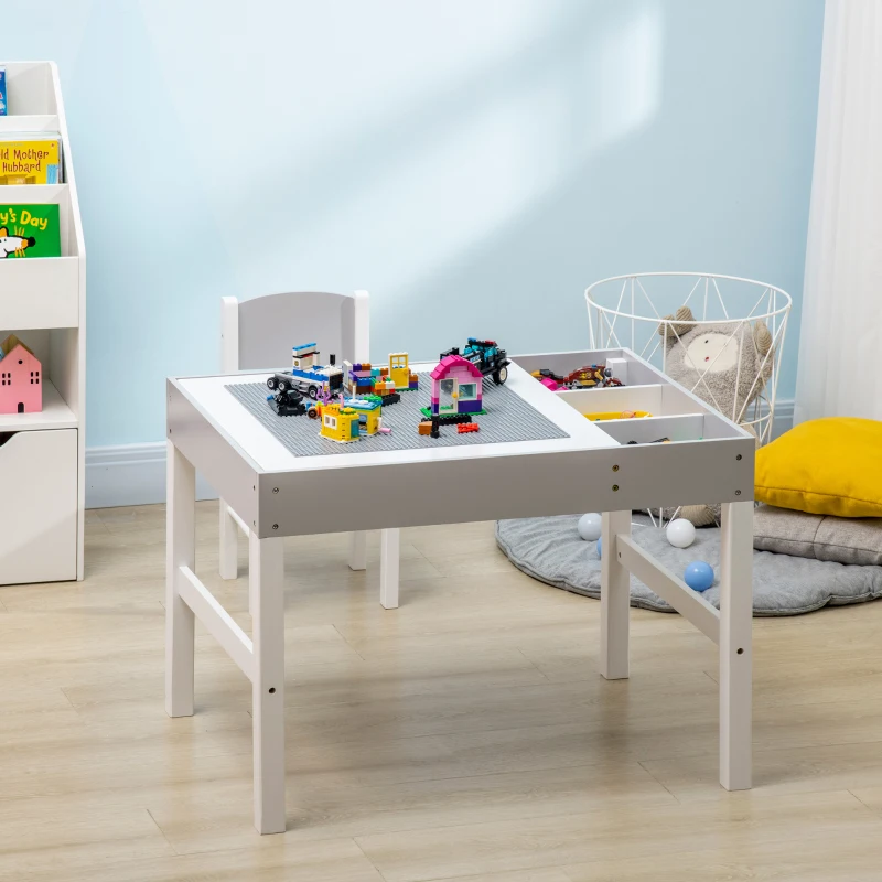 HOMCOM Mesa y Silla Infantil de Madera con Tablero Extraíble Mesa de Bloques de Construcción para+18m 80x60x57,5 cm Gris