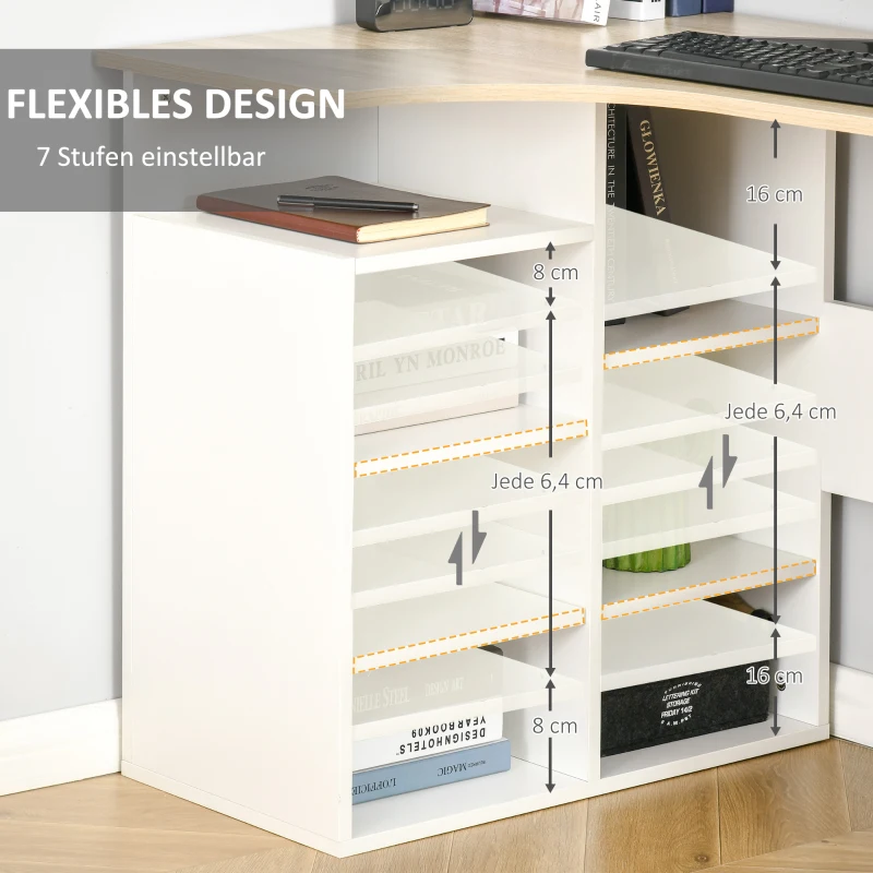 HOMCOM Eckschreibtisch Winkelschreibtisch PC-Tisch Computertisch Bürotisch mit Regal und Schublade L-Form Spanplatte Weiß+Eiche 120 x 70 x 75 cm