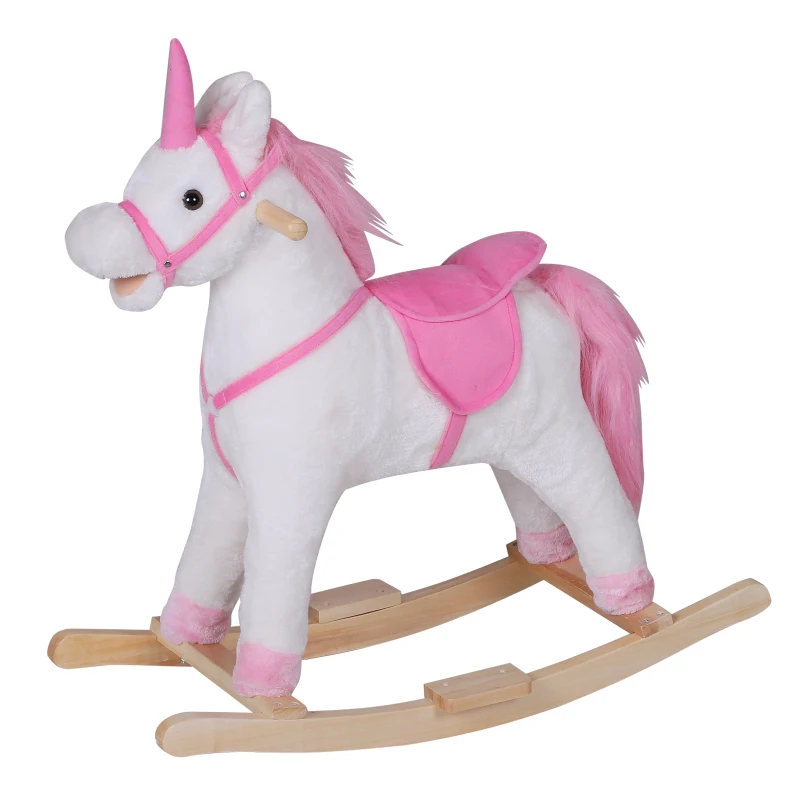 HOMCOM Cavallo a Dondolo in Legno Unicorno Giocattolo Cavalcabile Bambini Peluche 78 × 28 × 68cm Rosa