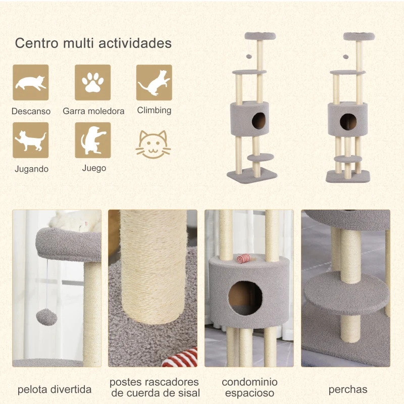 PawHut Árbol Rascador para Gatos Altura 148 cm Árbol para Gatos con Postes de Sisal Plataformas Casa y Bola Colgante Gris