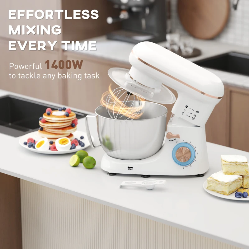 HOMCOM 1300W Kitchen Stand Mixer, with Accessories - White(m-4)