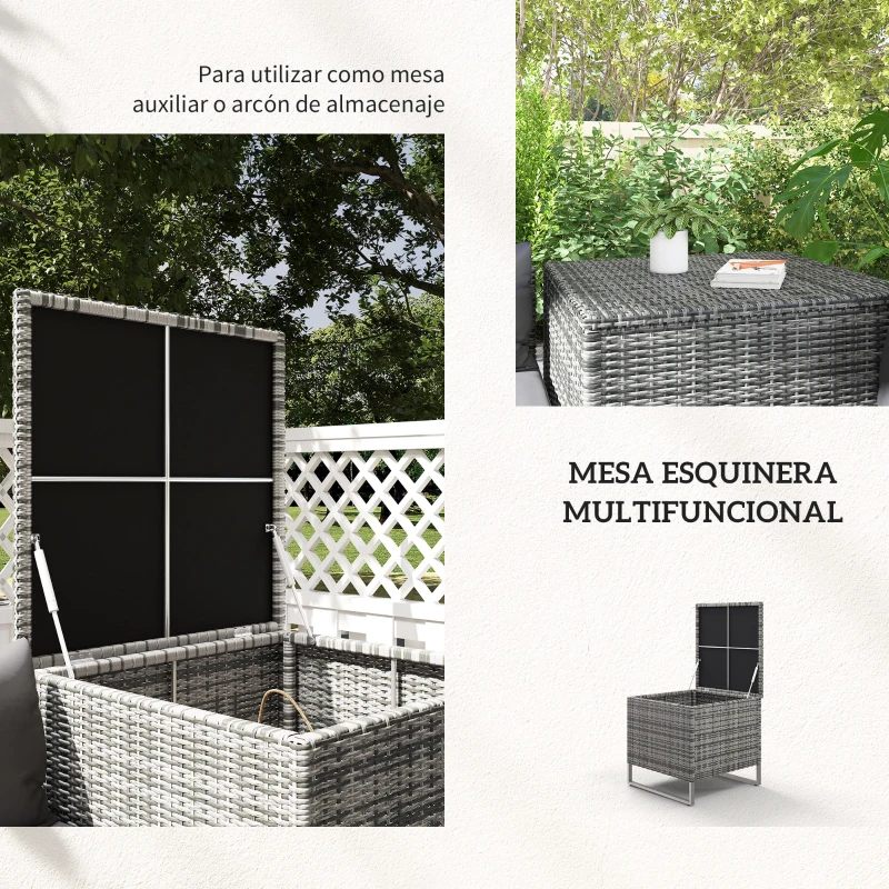 Outsunny Conjunto de 4 Muebles de Jardín de Ratán con 2 Sofás Dobles Mesa Central Mesa con Arcón Cojines Extraíbles para Terraza Exterior 132x69x64 cm Gris