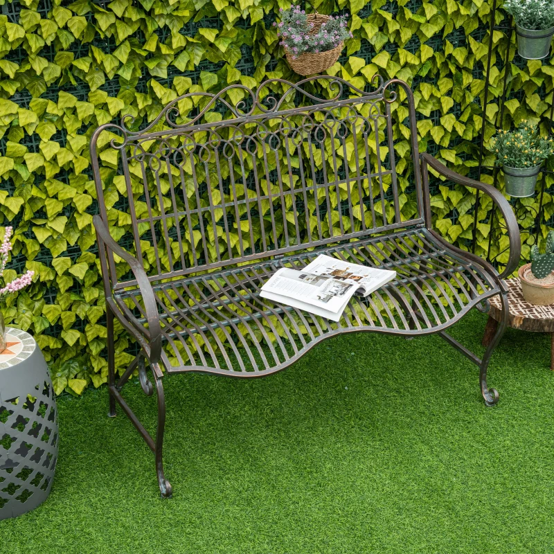Outsunny Gartenbank 2-Sitzer Parkbank aus Metall Sitzbank bis 200 kg Bank Terrassenbank mit Rücken- & Armlehnen Gartenmöbel Metall antik Silber 110 x 60 x 97 cm