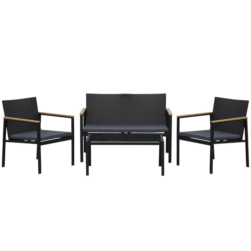 Outsunny Conjunto de Jardín de Ratán Sintético con Sofá Doble 2 Sillones y Mesita de Centro con Encimera de Cristal