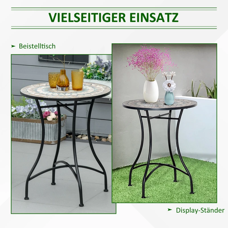 Outsunny Gartentisch Mosaiktisch rund Bistrotisch Beistelltisch mit Mosaikplatte Keramik Metall Grün+Beige+Weiß Ø60 cm