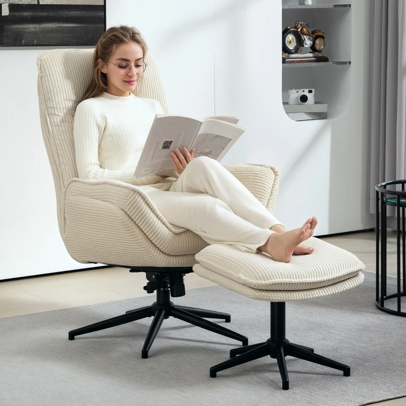 HOMCOM Drehbarer Polstersessel mit Fußhocker, Moderner Recliner-Sessel für Wohnzimmer, Schlafzimmer, Homeoffice, Beige(m-2)