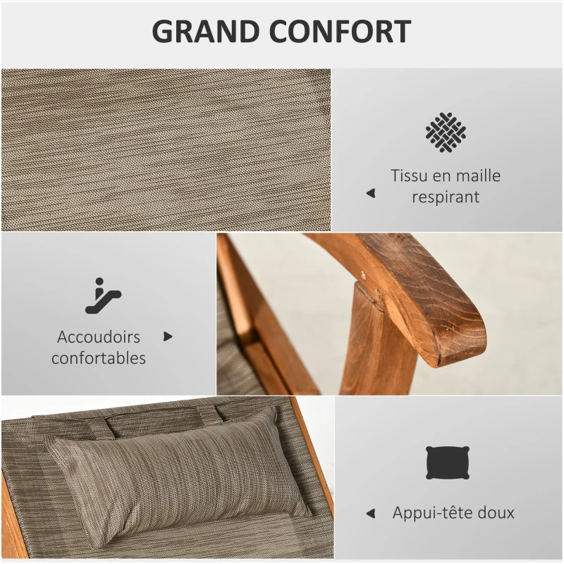 Outsunny Bain de soleil transat en bois avec dossier inclinable 4 positions et appui-tête - pin - dim. 194L x 70l x 32H cm - marron