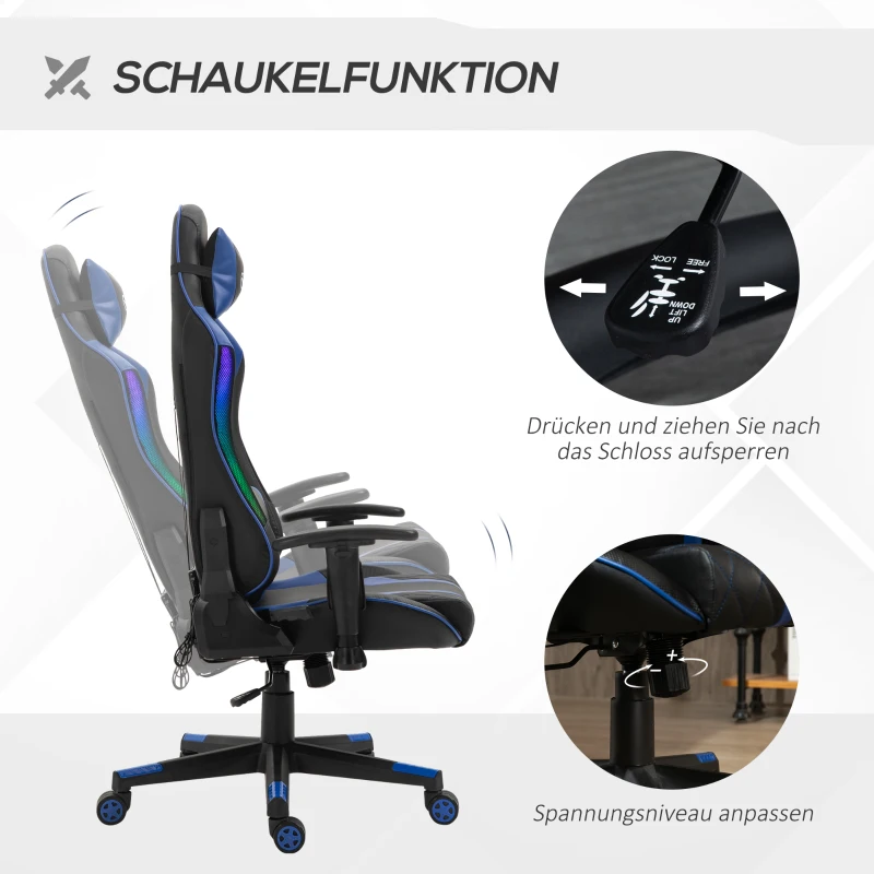 Vinsetto Bürostuhl LED Gaming Stuhl mit Armlehne, hoher Rückenlehne und Kissen ergonomischer Drehstuhl mit Liegefunktion Handlauf anhebbar Kunstleder Nylon Schwarz+Blau 70 x 57,5 x 126-136 cm