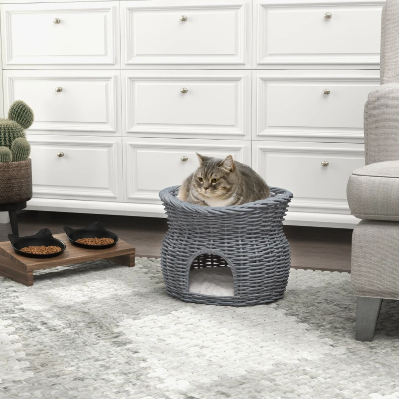 PawHut 2-Tier Wicker Cat House Elevated Pet Bed Basket Willow Kitten Tower Pet Den. Cozy Cave with Washable Cushions 56x37x40cm Grey