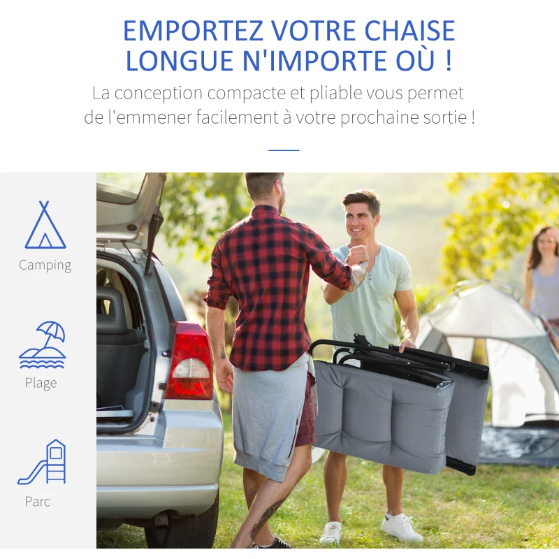 Outsunny Bain de soleil pliable transat inclinable 6 positions grand confort avec matelas + accoudoirs acier polyester gris