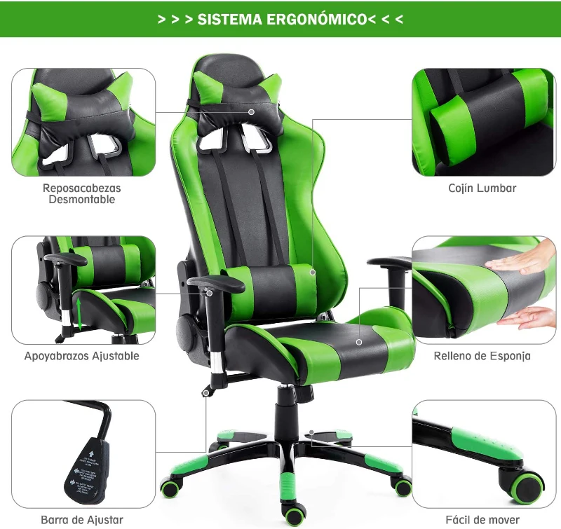 HOMCOM Silla de Oficina Silla Ergonómico Reclinable y Basculante Altura Ajustable Giratorio con Ruedas Reposacabezas y Soporte Lumbar Carga 120 kg 67x67x123-132 cm Verde