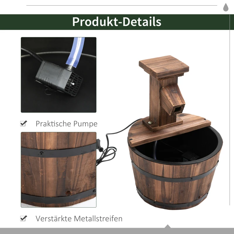 Outsunny Gartenbrunnen Zierbrunnen Springbrunnen Fassbrunnen Wasserfall Holzeimer Tannenholz + Metall Dunkelbraun Ø27 x 37 cm