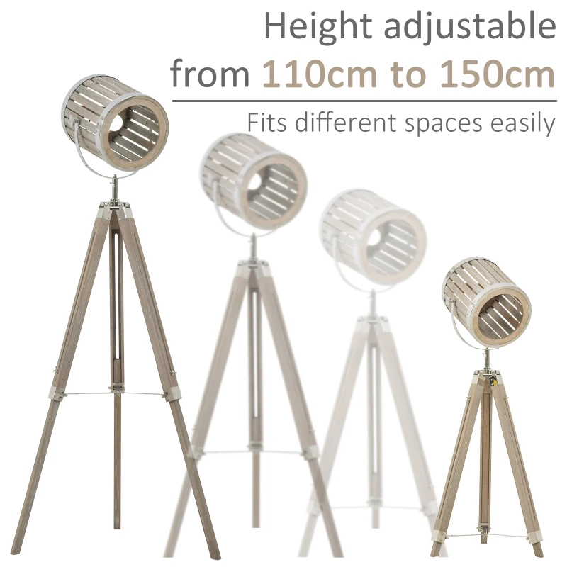 HOMCOM Telescopic Floor Lamp Unique Wood Frame Adjustable Shade Height Unique Vintage Spotlight Metal Home Office Lighting, 110-150cm, Natural