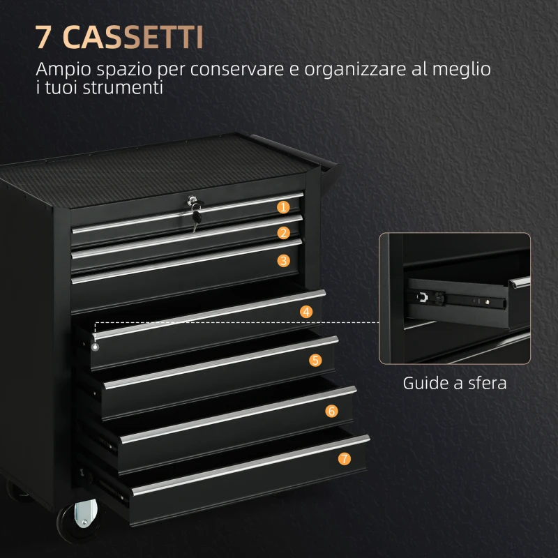 DURHAND Carrello da Officina con 7 Cassetti, Serratura con Chiavi, Ruote e Maniglia, 69x33x75cm, Nero