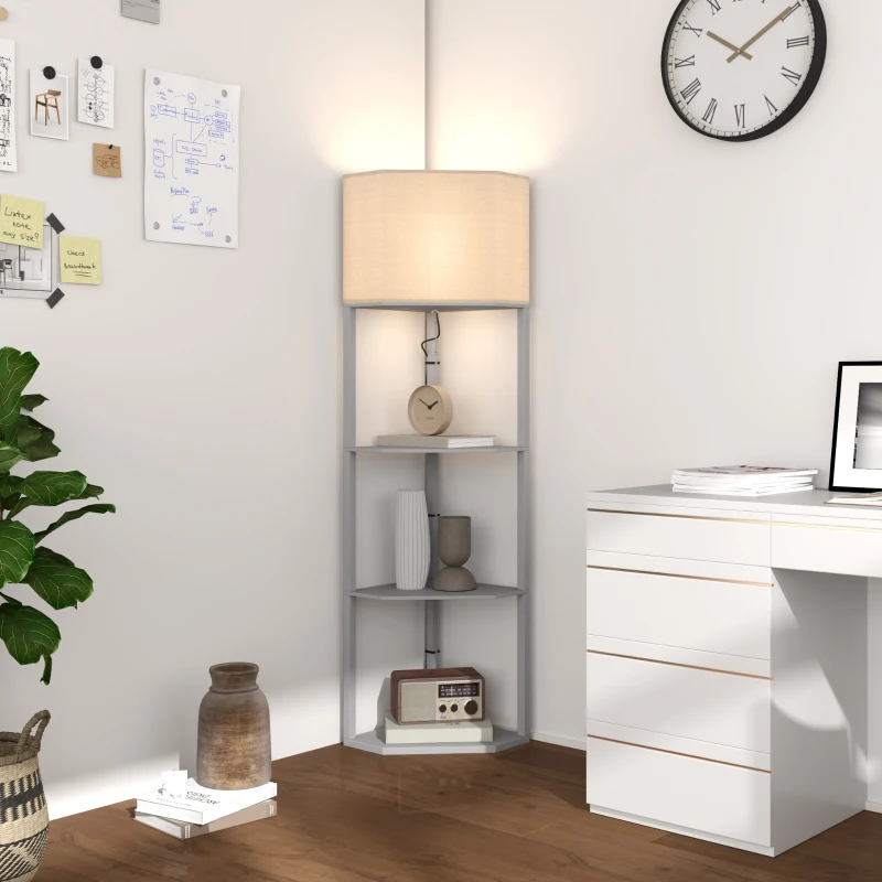 HOMCOM Corner Floor Lamp with Shelves, Tall Standing Lamps for Living Room, with Pull Chain Switch Bulb not Included, Grey