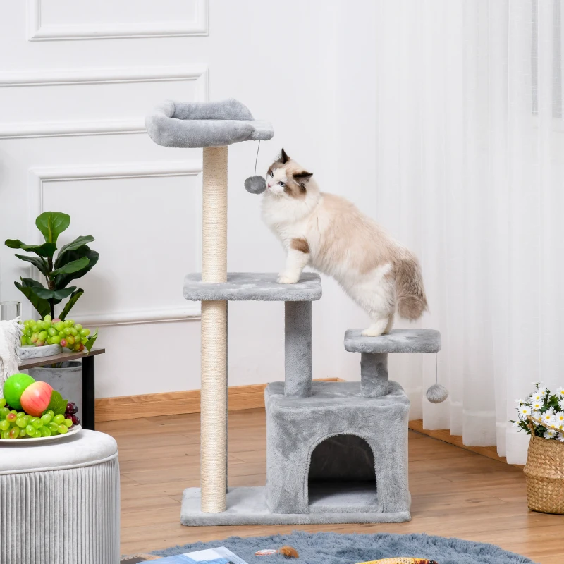 PawHut Árbol Rascador para Gatos Altura 114 cm con Postes de Sisal 3 Plataformas Casita y 2 Bolas Colgantes Gris Claro