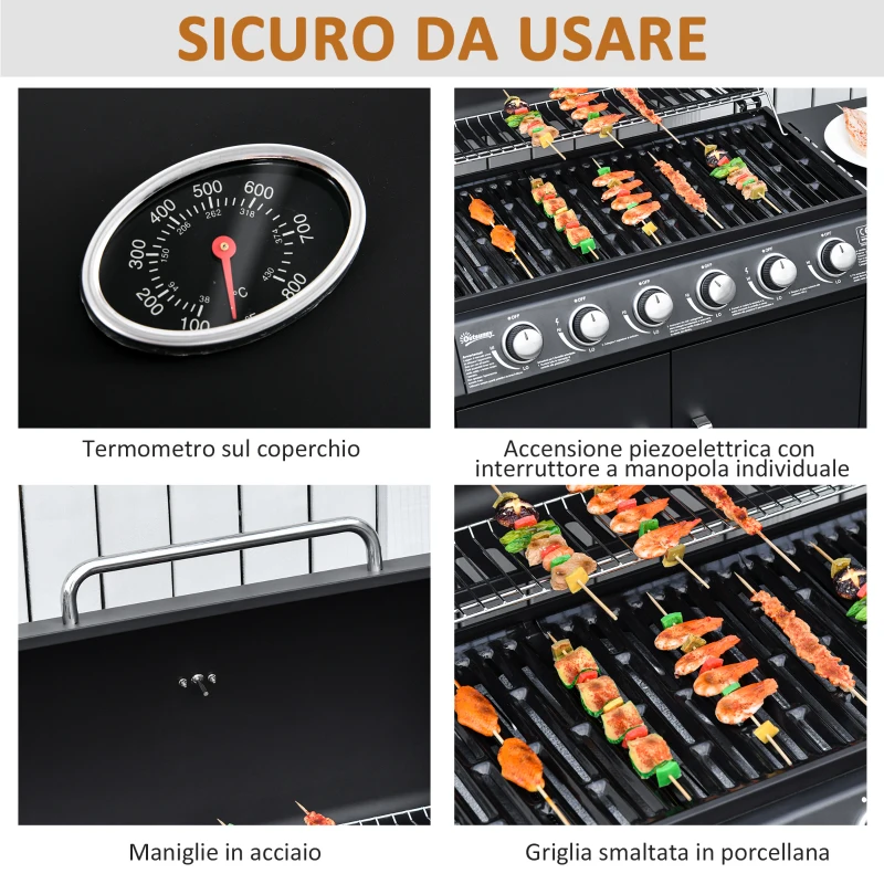 Outsunny Barbecue a Gas con Coperchio, 7 Bruciatori da 20kW, Fornello Laterale e 2 Ruote, 135x50x100cm Nero