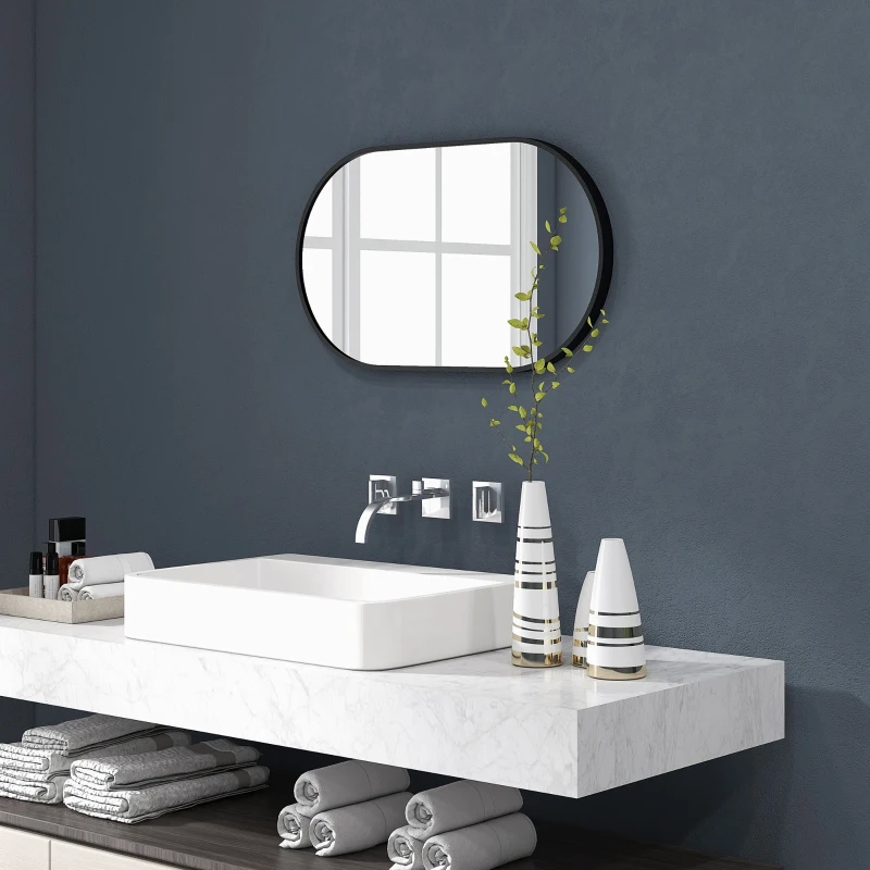 HOMCOM Espejo de Baño Ovalado 40x70 cm Espejo Decorativo de Pared con Marco de Aluminio para Salón Horizontal o Vertical Negro