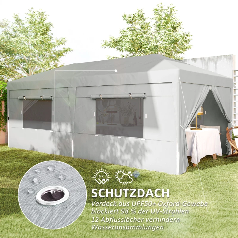 Outsunny 3 x 6 m Pop-up-Pavillon mit Seitenwänden und Tragetasche, UPF50+ höhenverstellbares Gartenzelt, Hellgrau