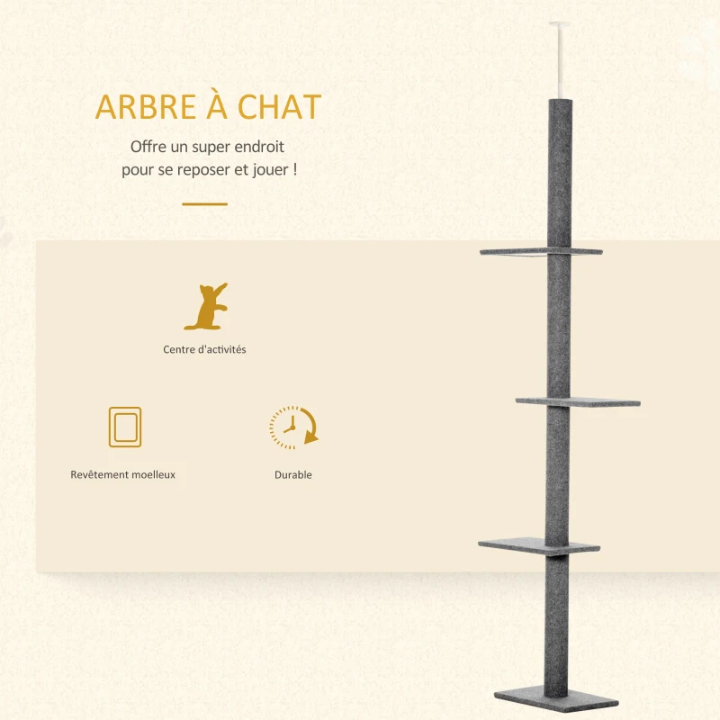 PawHut Arbre à chat du sol au plafond poteau à griffer hauteur réglable dim. 43L x 27I x 228-260H cm 4 niveaux d'activités gris