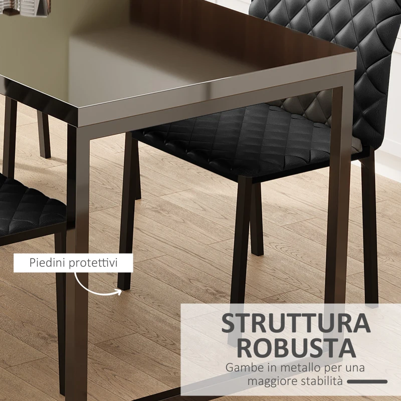 HOMCOM Set 4 Sedie da Pranzo in Finta Pelle con Cuciture a Rombi e Gambe in Metallo, Nero