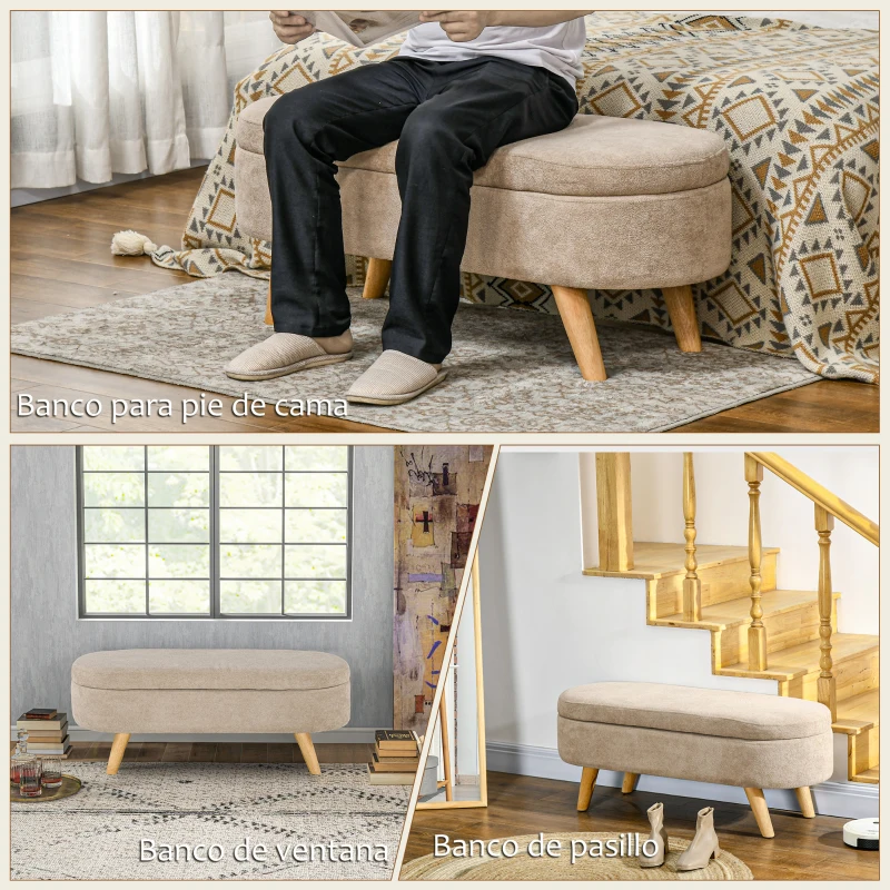 HOMCOM Banco de Almacenaje con Patas de Madera y Asiento Acolchado Carga 120 kg Puff Almacenaje Ovalado Beige