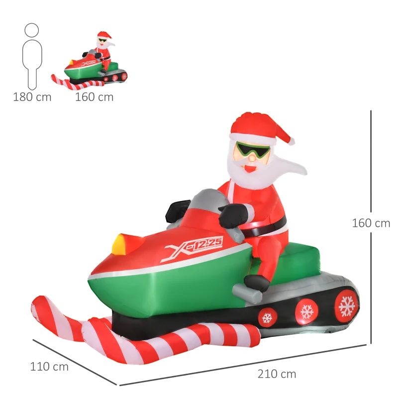 HOMCOM Babbo Natale Gonfiabile su Motoslitta 160cm con Luci LED Integrate, Decorazione Natalizia da Esterno, Verde e Rosso