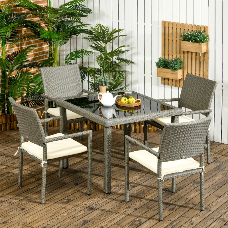 Outsunny Set da Esterni in Rattan PE con Tavolo e 4 Sedie con Cuscini, Grigio