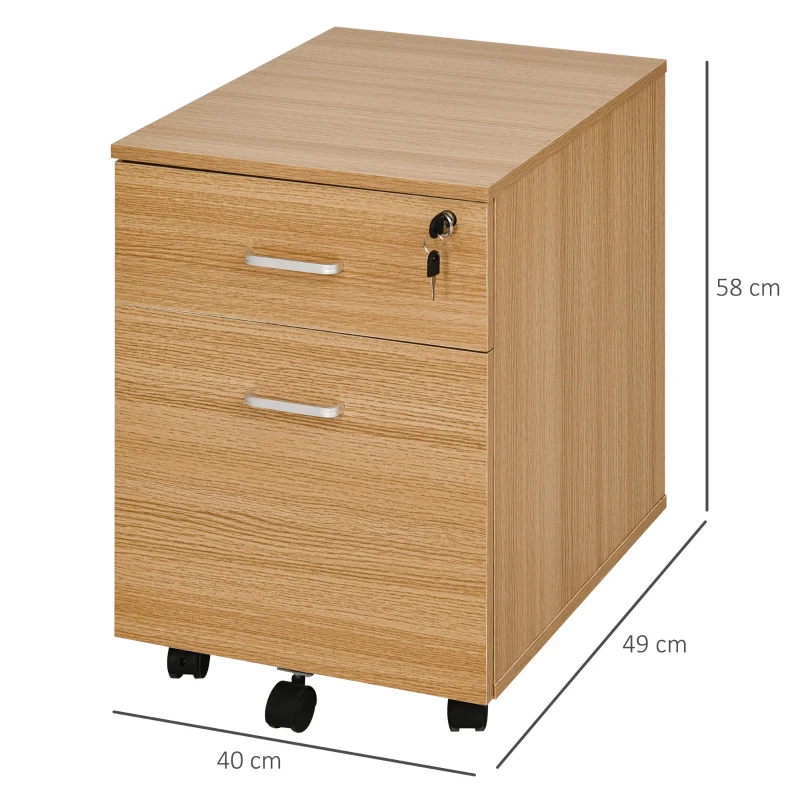 Vinsetto Cajonera de Oficina con Ruedas Mueble Archivador con 2 Cajones para Documentos en Tamaño A4 Cerradura 40x49x58cm Natural