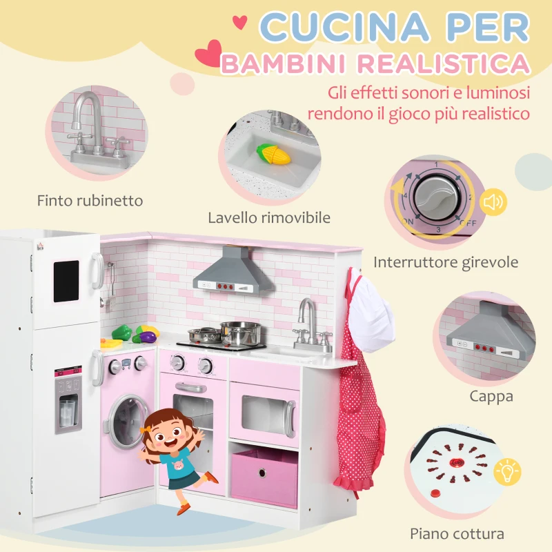 HOMCOM Cucina Giocattolo per Bambini 3-6 Anni con Luci e Utensili da Cucina Realistici, in MDF e PP, 84x93.5x85 cm