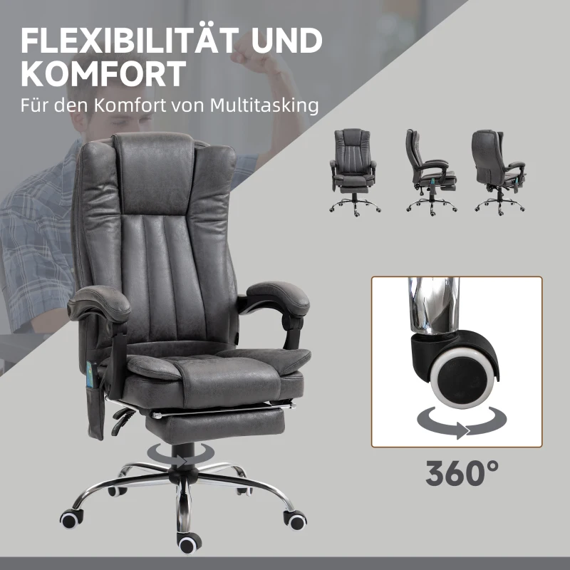 Vinsetto Chefsessel mit Massage- und Wärmefunktion, Fußstütze, verstellbar, bis 120kg, Grau(m-6)