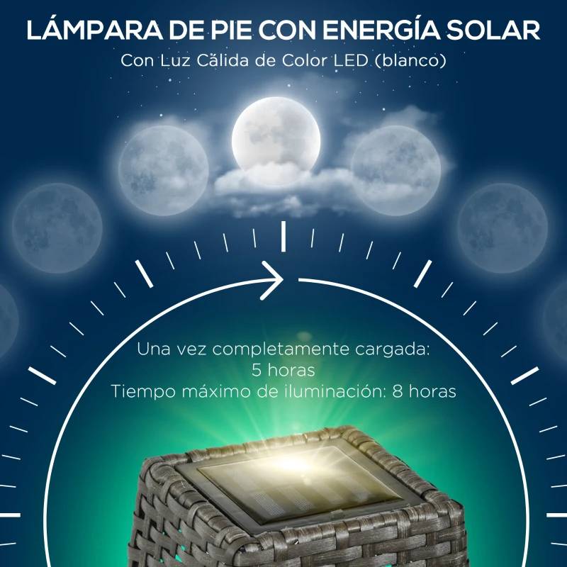 Outsunny Lámpara Solar de Jardín de Ratán Sintético con Luces LED Encendido/Apagado Automático 21x21x78 cm Gris