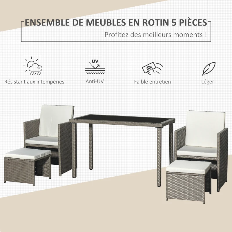Outsunny Ensemble salon de jardin encastrable avec grande table rectangulaire 2 fauteuils et 2 tabourets coussins blanc amovibles lavables résine tressée Imitation rotin gris