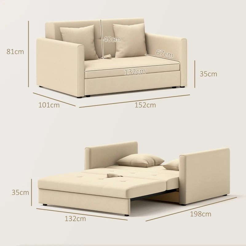 HOMCOM Sofá Cama de 2 Plazas Tapizado en Algodón con 2 Cojines Desmontables y Base de Almacenaje 152x101x81 cm Beige