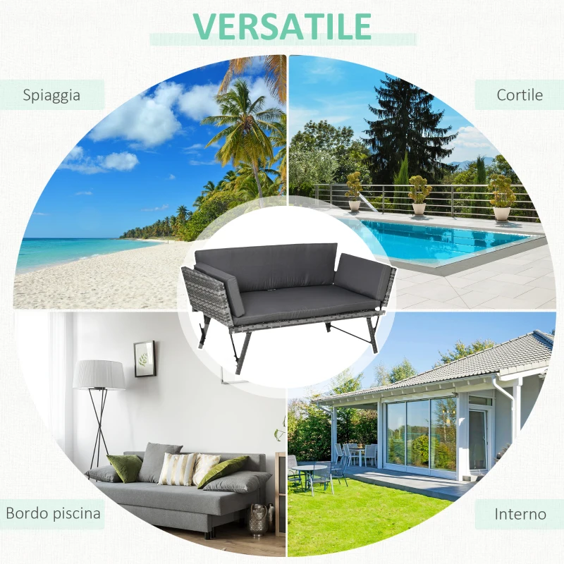 Outsunny Divano da Giardino 2 Posti in Rattan con Imbottitura e Braccioli Ribaltabili, 129x63x67cm, Grigio