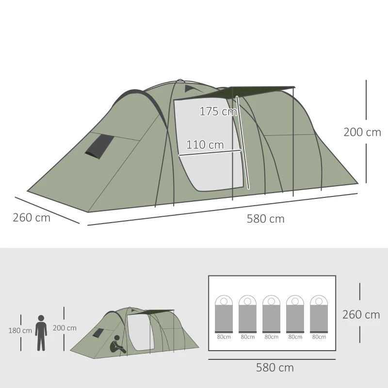 Outsunny 5 Man Camping Tent Two Bedroom Tunnel Tent Family Tent Shelter with Rainfly and Carry Bag for Backpacking Hiking Festival, 5.8 x 2.6 x 2m