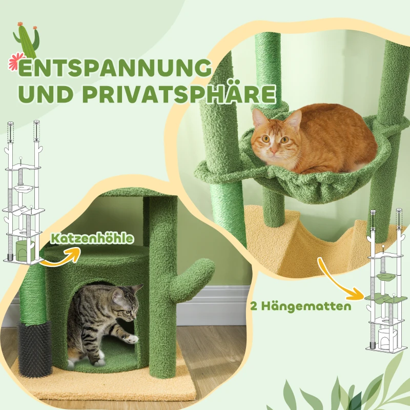 PawHut Kaktus-Kratzbaum, 4 Etagen, deckenhoch 225-255 cm, 2 Hängematten, Höhle, Grün