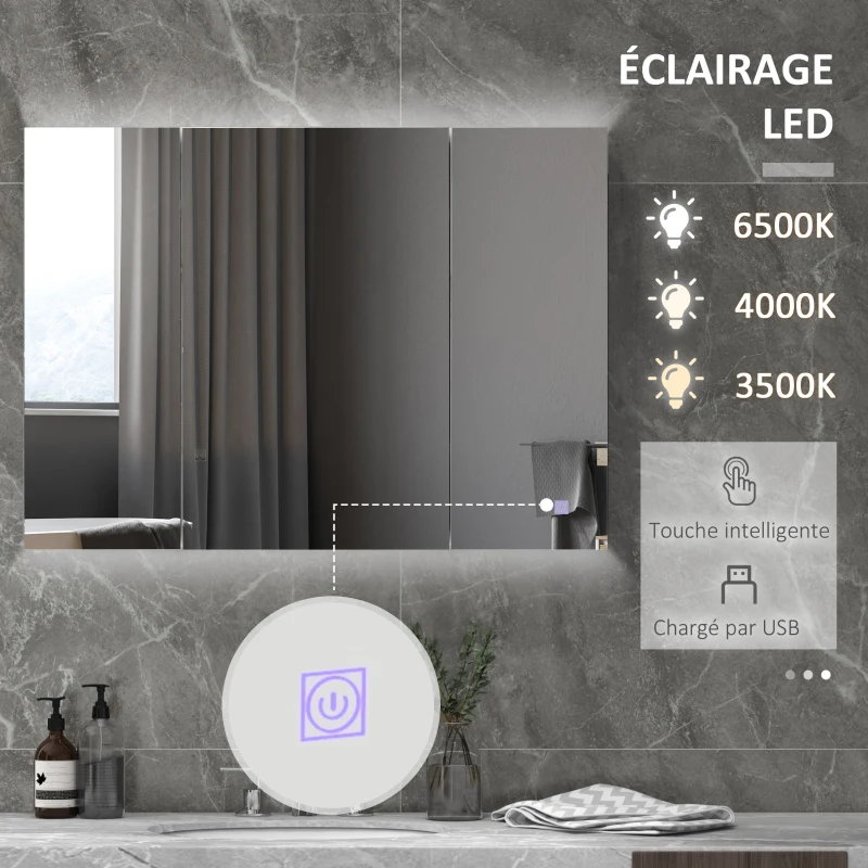 kleankin Armoire murale miroir avec éclairage LED de Salle de Bain 2 en 1, meuble 3 portes,  dim. 90L x 15l x 65H cm