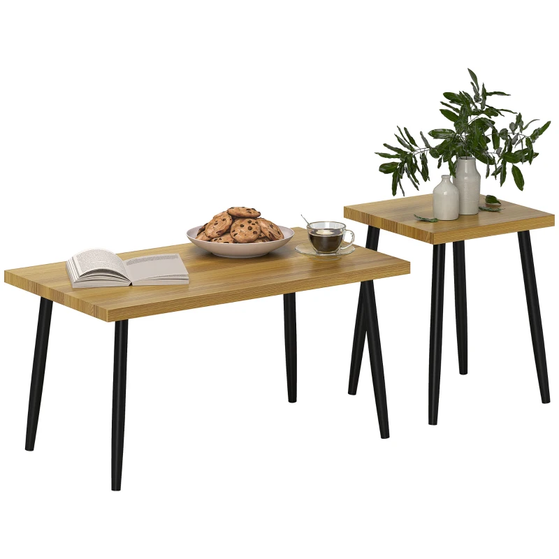 HOMCOM 2-delige set salontafels, Grote en kleine tafel met metalen frame en houten blad, Flexibele salontafels, Natuurlijk hout