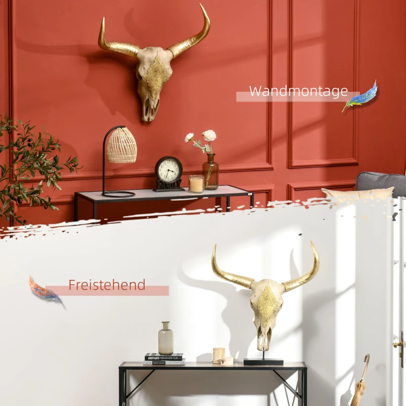 HOMCOM Wanddekoration Stierschädel aus Kunststoff 70 cm x 17 cm x 83 cm Kunstharz, Blattgold Mehrfarbig