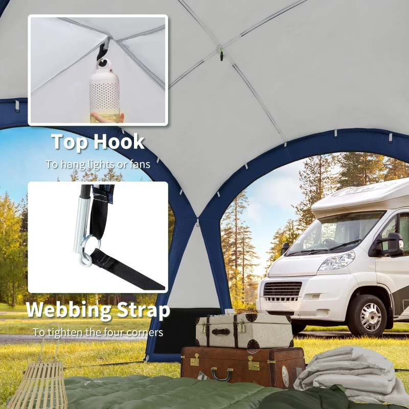 Cort de Camping Outsunny pentru 6-8 persoane cu 4 Usi cu fermoar, 350x350x230cm, Alb si Albastru