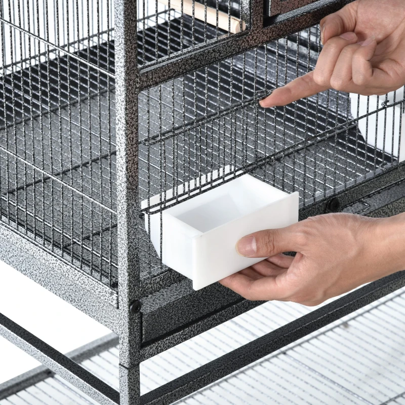 PawHut Jaula para Pájaros con Ruedas Pajarera Doble con 2 Bandejas Múltiples Puertas 4 Comederos 4 Perchas 95x45,5x102 cm Gris